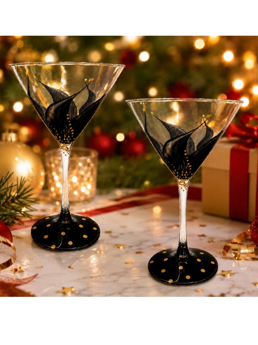 Set of 6 Black and Gold Martini / Cosmo Glasses Hand Painted